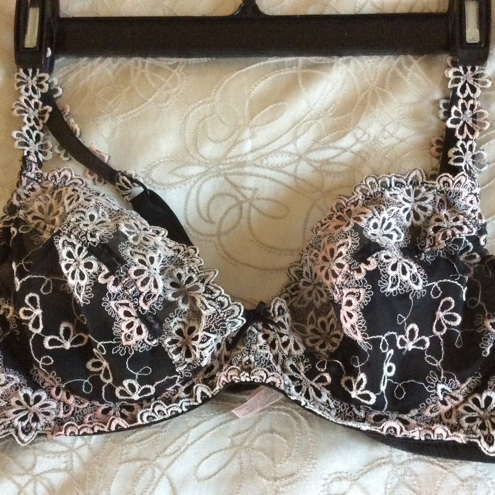 Glow in the Dark | Black Sheer Embroidered Pink Flowers | Underwire | 38 C